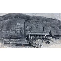 A Barraud (British Early 20th century): 'Halifax Station', monochrome gouache book illustration signed, titled under mount 13cm x 22cm