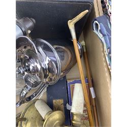 Pair vintage brass wall lights, small desk globe, cast metal pheasant models, 19th century slop bowl, curtains, two riding crops with anter handles etc in two boxes