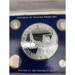 Republic of Panama proof nine coin set, dated 1977, from one centesimos to sterling silver twenty balboas coin, produced by The Franklin Mint, cased with certificate 
