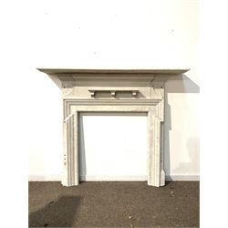 Georgian painted pine fire surround, mantel shelf with moulded edge over dentil cornice and open shelf, aperture enclosed by geometric moulding 171cm x 149cm