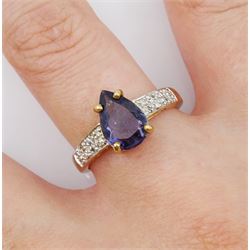 9ct gold pear shaped tanzanite ring, with diamond set shoulders, hallmarked