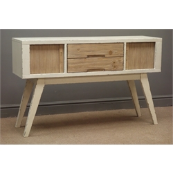  Rustic wood and painted sideboard, two centre drawers and two tambour roll cupboards, on angular supports, W122cm, H76cm, D35cm