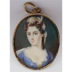 English School (19th century): Lady with a Pearl Headdress, portrait miniature unsigned 5cm x 4cm