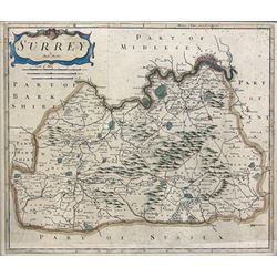 Robert Morden (British c.1650-1703): 'Surrey' hand-coloured map pub. 1753, 36cm x 42cm
