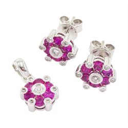 Pair of 18ct white gold pink sapphire and milgrain set round brilliant cut diamond stud earrings, with a matching 18ct gold pendant, hallmarked