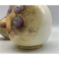 Royal Worcester vase by George Mosely, of bottle form with slender neck, hand painted with a still life of fruit, signed Mosley, with puce printed marks beneath including shape number G702 and date code for 1933, H13.5cm, together with a Royal Worcester pot pourri vase and cover and vase, each painted with a still life of fruit, signed Roberts, with black printed marks beneath including shape number 291A and 2491 (3)