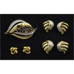 Gold sapphire and diamond leaf brooch, pair of single stone sapphire stud earrings and two pairs of diamond stud earrings, all hallmarked 9ct