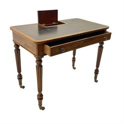 Gillows of Lancaster - George III mahogany chamber writing table, the rectangular top fitted with tooled leather inset and hinged pen and ink compartment, single drawer to frieze, on turned and lobe carved supports terminating at “Cope and Collinson” brass cups and castors, the drawer stamped 