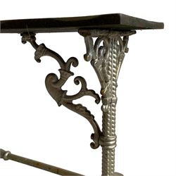 19th century cast iron and wooden side table, rectangular wooden top on cast iron base, twist moulded uprights with arched lower supports, scrolling foliate brackets, the two end supports united by stretcher