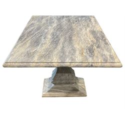 Classical Grecian design grey and orange veined marble centre table, the rectangular single slab top with rounded corners and carved edge, raised on twin pedestals comprised of three pieces with a waisted column on a stepped plinth