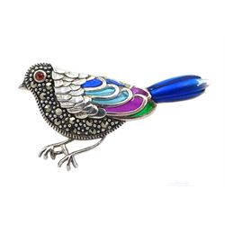 Silver plique-a-jour and marcasite bird brooch, stamped 925