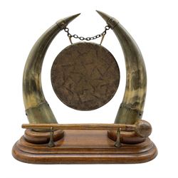 Edwardian oak and cow horn dinner gong with brass mounts, H32cm x W32cm 