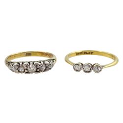 Gold five stone diamond ring and one other three stone rose cut diamond ring, both 18ct