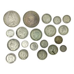 Queen Victoria 1887 crown coin, 1899 sixpence, 1901 one shilling, King Edward VII 1909 sixpence, King George VI 1937 crown and various other pre 1947 Great British silver coins