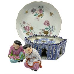 Pair of Chinese Republic figures of seated children H10cm, famille rose export circular shallow dish D25cm and a Moorish incense brick with arcaded base W19cm