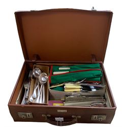 Early 20th century and later silver-plated cutlery, part set engraved with monogram, Victorian bone handled spoon and other flatware in a vintage suitcase 