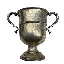 Silver two handled challenge cup 'Selsdon Park Golf Club H21cm Sheffield 1933 Maker Viners 24.8oz on wooden socle