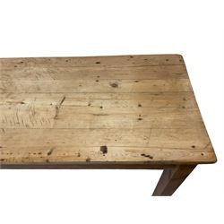 19th century pine table, long rectangular top on four square tapering supports
