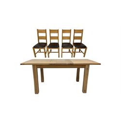 Light oak extending dining table, and set four matching dining chairs