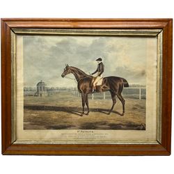 Thomas Sutherland (British 1785-1838) after John Frederick Herring (British 1795-1865): 'Antonio' and 'St Patrick' - the Winners of the Great St Leger Stakes at Doncaster 1819 &1820, pair early 19th century engravings and aquatints with hand-colouring pub. c1820, housed in matching birdseye maple frames 32cm x 41cm (2)