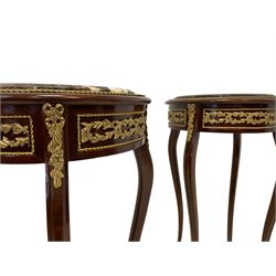 Pair late 20th century French style lamp tables, stained beech with circular variegated marble tops, the frieze panels decorated with cast gilt metal mounts of trailing foliage, tapering cabriole supports 
