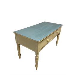 Victorian painted pine dresser table, the formica top over two frieze drawers, raised on tuned supports  