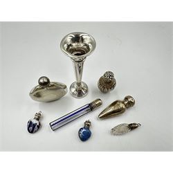 Miniature Edwardian ceramic and silver scent flask Birmingham 1902, tapering silver scent flask, another of fluted design, Murano flask with encased blue lines L7cm, three other flasks and a small silver trumpet shape vase (8)