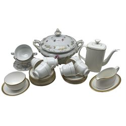 Set of six Royal Worcester Viceroy pattern trios and sugar bowl, matching Royal Doulton Gold Concord coffee pot, Royal Gold saucer and a Royal Crown Derby Tiepolo sauceboat and stand, together with a large German porcelain tureen and a pair of soup bowls and stands 