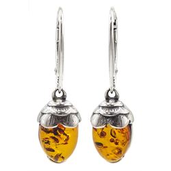 Pair of silver Baltic amber acorn pendant earrings, stamped 925