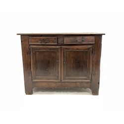 19th century French oak sideboard, with two drawers over two panelled doors enclosing shelf, shaped apron, stile supports, W140cm, H106cm, D60cm