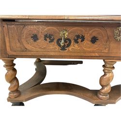 18th century inlaid walnut base for chest-on-stand, fitted with single drawer, the facia decorated with scrolling ebony and satinwood inlays, on spiral turned supports united by shaped stretcher, on ebonised feet (W105cm D63cm H50cm); and 18th century elm base, fitted with single drawer over multi-arch shaped apron, on tapered octagonal supports united by shaped stretcher (W101cm D62cm H55cm) 