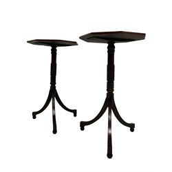 Pair of 19th century mahogany wine tables, octagonal tops on twist and ring turned stems, three curved splay supports on spherical feet