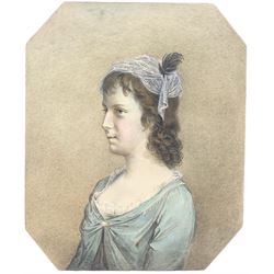 Attrib. George Engleheart (British 1750-1829): 'Miss [Frances] Gore of Tring Park', watercolour unsigned, inscribed on Victorian label verso, 21cm x 17cm housed in verre églomisé frame  
Provenance:  3rd Earl of Feversham 
