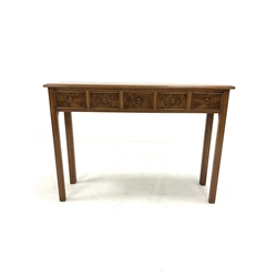 20th century walnut side table, well figured cross banded top with herringbone inlay over five drawers, raised on square chamfered supports, W107cm, 