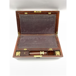 19th century figured mahogany brass mounted campaign writing slope with leather writing surface, twin brass inkwells and pen rest, L45cm x D25cm 