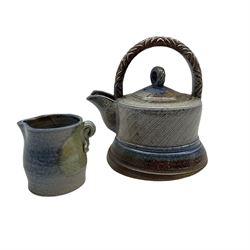 Jane Hamlyn (British 1940-): Salt glazed studio pottery teapot and jug, both having impressed marks, H16cm 