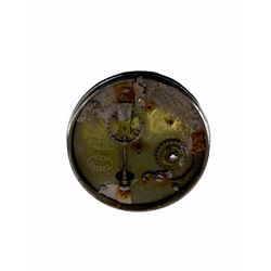 A silver-plated late 19th century spring driven Night Clock by the French clockmaker Victor-Athanase Pierret 1806-1893, stamped Brevete S.G.D.G. V.A.P. Patent, with a “tick-tack” escapement, crown wheel and verge pallets, mainspring wound with a key (missing), the opaque glass shade with Roman numerals and quarter hour divisions, resting on a circular revolving holder with indicating hand (detached but present), on a circular base with a tapered square column and repoussé work, height 27 cm.  
