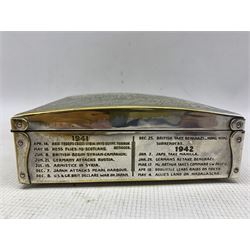 WWII Commemorative silver-plated two division cigarette box, the hinged lid decorated with 'V-E World War II Battlefields of Europe', the sides with lists of notable World War II events and their dates, the base engraved 'Brass used the manufacture of this box was salvaged from the battle fields of World War II', by Granger, Made in Egypt, W16cm, L16cm, H5.5cm 