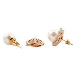 Pair of 9ct rose gold pearl stud earrings, with detachable diamond crossover cradles