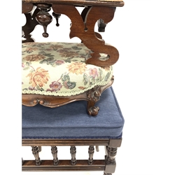 Victorian walnut footstool with upholstered top, scroll and floral carved apron and scroll carved cabriole supports, (W38cm) together with an upholstered foot stool, (W30cm) a late Victorian upholstered stool with spindle gallery and turned supports, (W40cm) another stool on turned supports (W51cm) and a Edwardian three tier whatnot / lamp table, (H78cm)