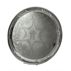 Late Victorian silver circular salver engraved with a monogram, garlands and foliage within a gadrooned raised border D36cm Sheffield 1893 Maker probably Atkin Bros 42oz