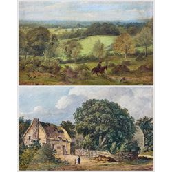 E Powell (British 19th Century): Gentleman Riding Across a Landscape, oil on board signed with initials and dated 1859, inscribed verso 19cm x 27cm; English School (Late 19th Century): Path Towards the Farm, watercolour unsigned 16cm x 20cm (2)