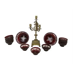 20th century gilt brass four branch candelabra, H42cm together with a ruby overlay glass dessert set, comprising two serving bowls and eleven dessert bowls 