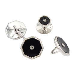Art Deco gentleman's white gold diamond and onyx dress set, comprising pair of cufflinks, four shirt buttons and two collar studs, all stamped 9ct, approx 12.6gm, retailed by Collingwood & Sons Ltd, Darlington
