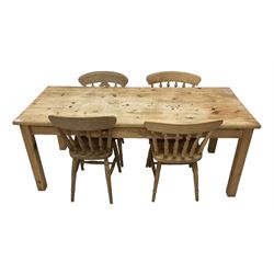 Traditional pine dining table, rectangular top fitted with two drawers, on square supports, with four farmhouse chairs 