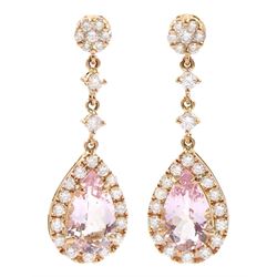 Pair of 18ct gold pear cut morganite and round brilliant cut diamond pendant stud earrings, total morganite weight 2.99 carat, total diamond weight 0.95 carat, with World Gemological Institute Report