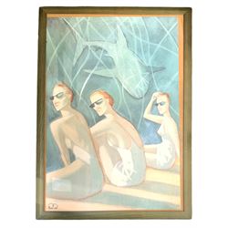 After Fernando Vicente (Spanish 1963-): 'Ladies and Shark', Art-Deco lithograph poster published by Mama Graf c.1980, 97cm x 66cm