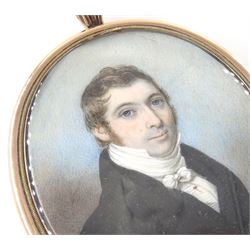 English School (Circa 1800)
Portrait miniature upon ivory
Head and shoulder portrait of a gentleman wearing a black coat and white cravat tied in a bow
Within period gold frame with hair work panel with seed pearl monogram 'JW' verso
Oval 7cm x 5.5cm