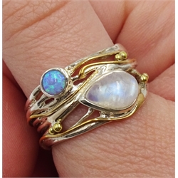 Silver and 14ct gold wire moonstone and opal ring, stamped 925