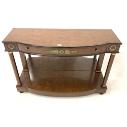 20th century simulated burr walnut console table, stepped bow front, single frieze drawer with floral gilt metal mounts, the top raised on turned front supports, with mirrored back united by under tier, W120cm